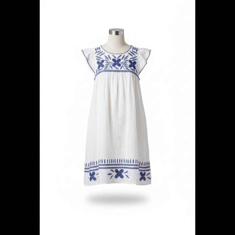 **Sold*****Urban Outfitters White Dress with Blue Embroidery